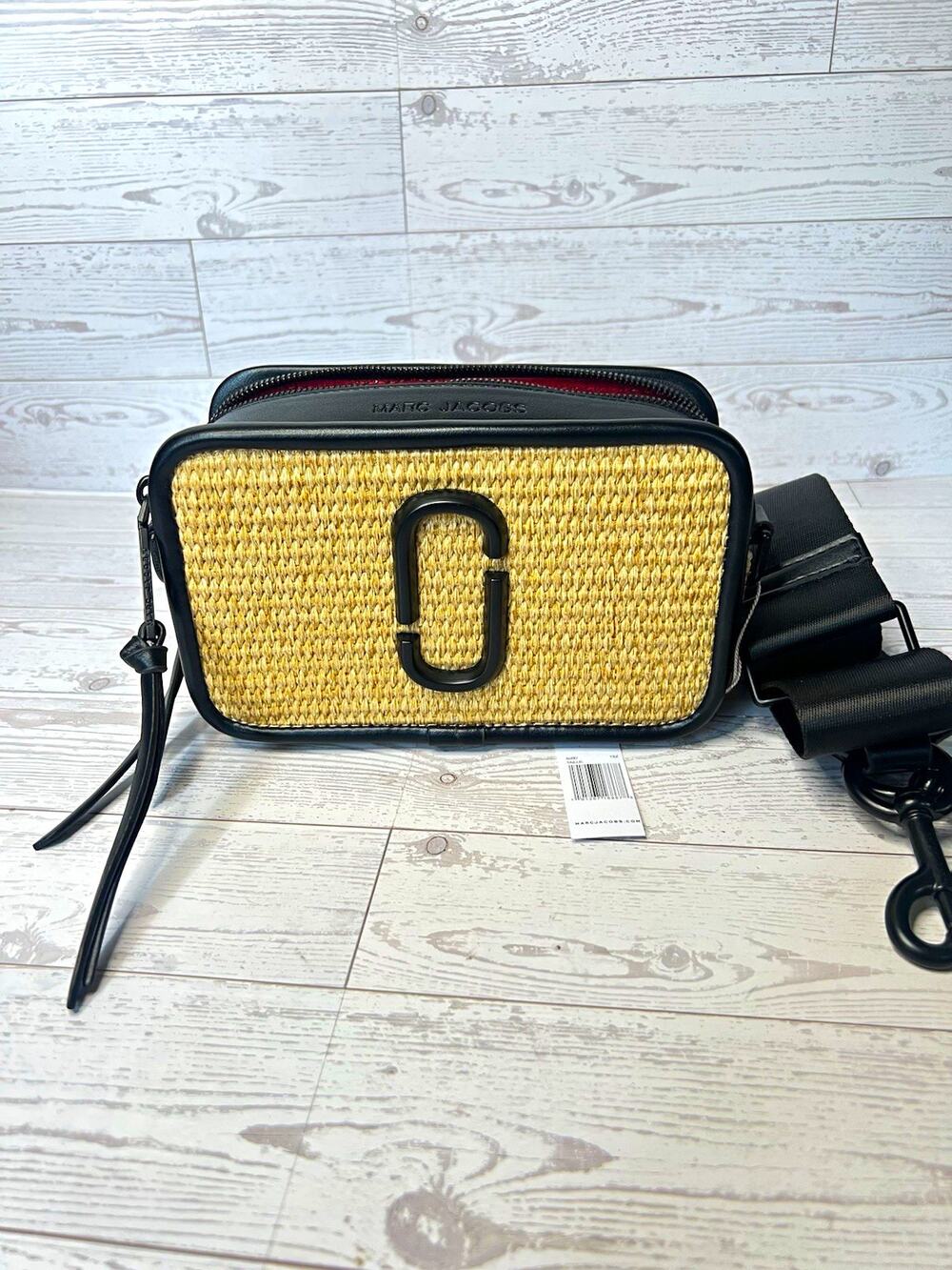 Marc Jacobs Straw Woven Crossbody Bag Beige Black Zip Closure Detachable Strap